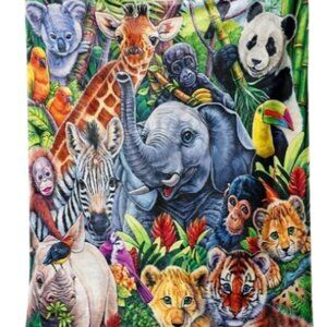 Wild Animals Jungle Flannel Blanket Panda Elephant Giraffe Zebra Koala Throw